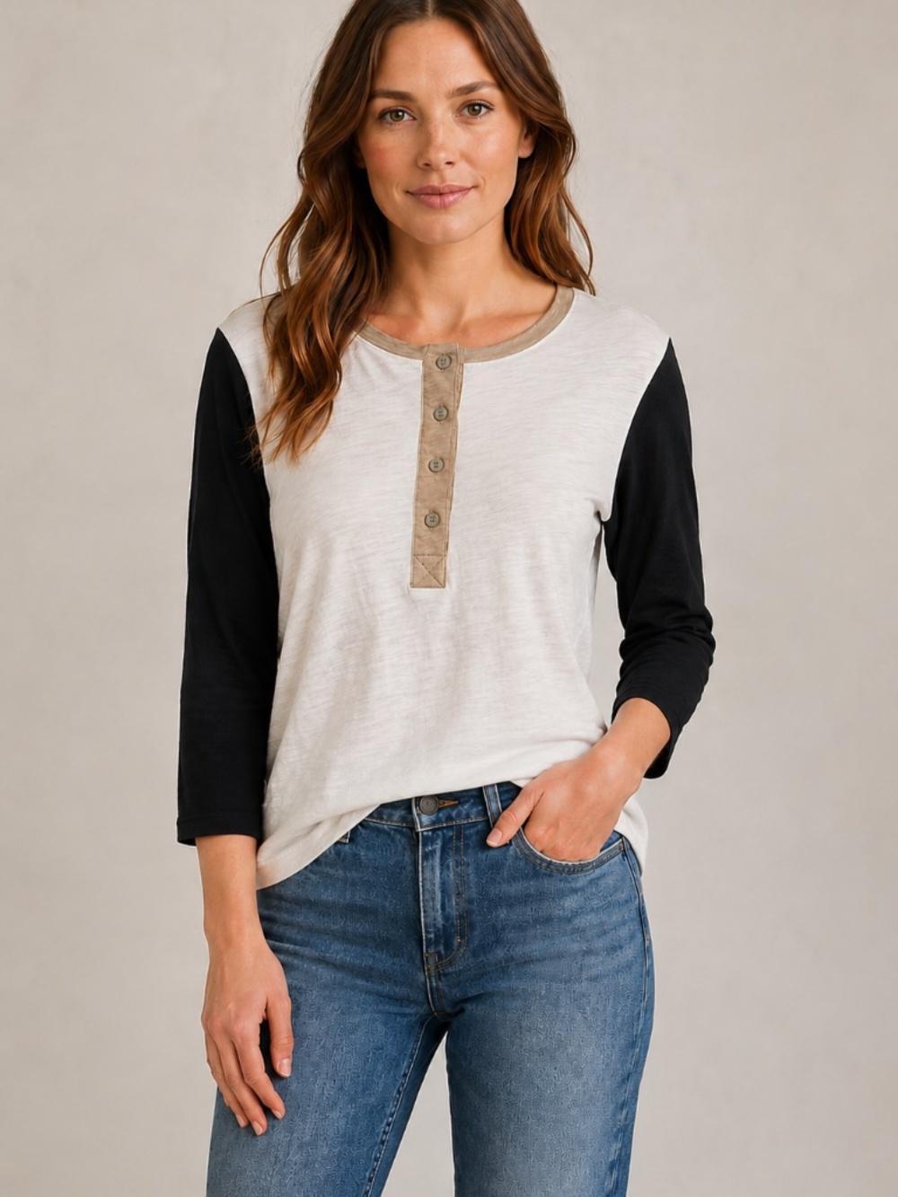 Goldie White and Black Raglan Henley Long Sleeve Tee  Tan Trim XS Pima Cotton